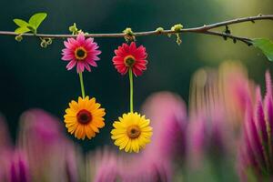 colorful flowers hanging from a branch. AI-Generated photo