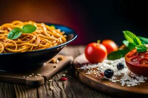 spaghetti with tomato sauce and basil leaves in a bowl. AI-Generated photo