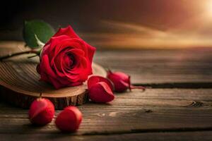 red roses on a wooden table with sun in the background. AI-Generated photo