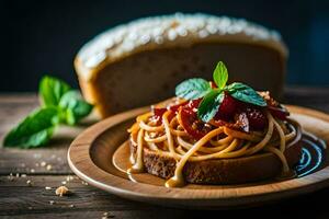 spaghetti with tomato sauce and bread on a wooden table. AI-Generated photo