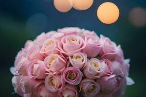 a bouquet of pink roses in front of a blurred background. AI-Generated photo