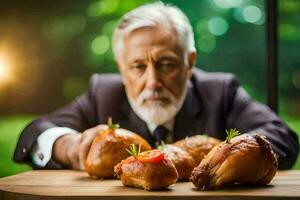 an older man in a suit is holding a chicken. AI-Generated photo