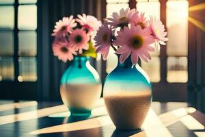 two vases with pink flowers sitting on a table. AI-Generated photo