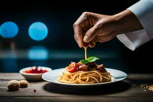 a chef's hand is holding a spoon over a plate of spaghetti. AI-Generated photo