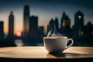 a cup of coffee on a table in front of a city skyline. AI-Generated photo