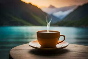 coffee cup, mountain, lake, sunrise, sunrise, sunrise, sunrise, sunrise, sunrise. AI-Generated photo