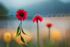 red flower on a barbed wire fence. AI-Generated photo