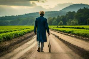 a man in a blue suit walks down a dirt road. AI-Generated photo