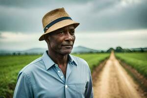 a man in a hat stands in a field. AI-Generated photo