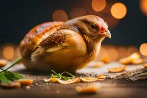 un pollo es sentado en un mesa con algunos nueces. generado por ai foto