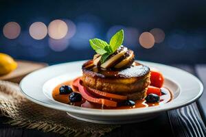 a plate with a dessert on it and a glass of wine. AI-Generated photo