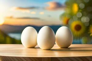 three eggs on a table with a sunset in the background. AI-Generated photo