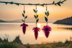 Tres flores colgando desde un rama a puesta de sol. generado por ai foto