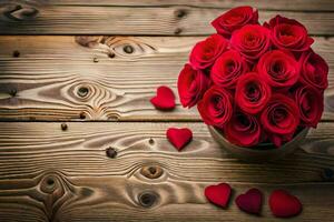 red roses in a vase on a wooden table. AI-Generated photo