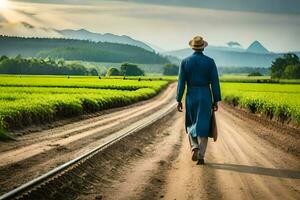 a man in a blue suit and hat walks down a dirt road. AI-Generated photo