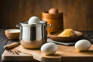 eggs on a cutting board with a pot and a wooden spoon. AI-Generated photo