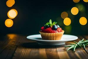 cupcake with berries and rosemary on a wooden table. AI-Generated photo