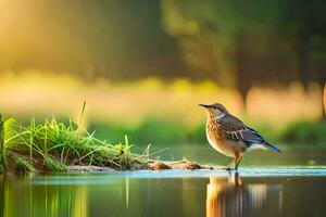 un pájaro en pie en el borde de un estanque. generado por ai foto