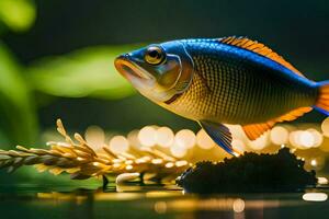 un pescado es en pie en un rock en el agua. generado por ai foto