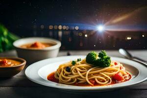 a plate of spaghetti and broccoli with a starry sky in the background. AI-Generated photo