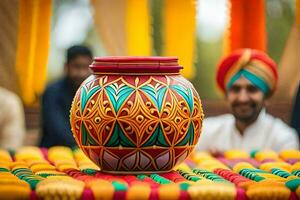 a colorful pot sitting on a table with a man in a turban. AI-Generated photo