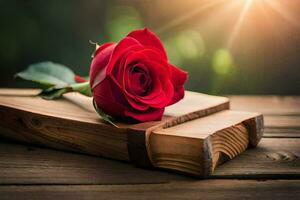 un soltero rojo Rosa se sienta en parte superior de un libro. generado por ai foto