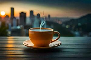 coffee cup on the table with city in the background. AI-Generated photo