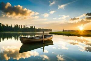 a boat is floating on the calm water at sunset. AI-Generated photo