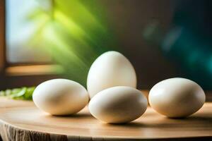 four white eggs on a wooden table. AI-Generated photo