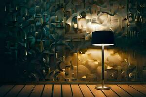 a lamp is on a wooden floor in front of a wall. AI-Generated photo