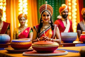 a woman in traditional indian attire is holding a bowl. AI-Generated photo