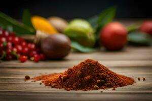 a pile of spices on a wooden table. AI-Generated photo
