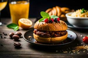 a hamburger with meat, cheese and vegetables on a plate. AI-Generated photo