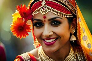 a smiling woman in traditional indian attire. AI-Generated photo