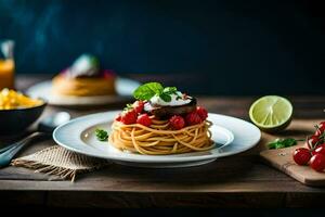 espaguetis con tomate, queso y vegetales en un de madera mesa. generado por ai foto