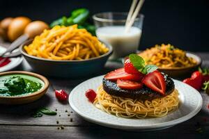 a plate of food with noodles, strawberries and other ingredients. AI-Generated photo