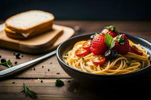 spaghetti with tomatoes, basil and strawberries in a bowl. AI-Generated photo