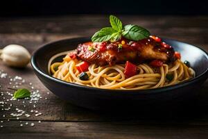 pollo con espaguetis y tomate salsa en un negro bol. generado por ai foto