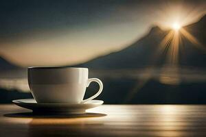 a cup of coffee on a table in front of a mountain. AI-Generated photo