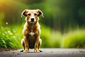 un perro sentado en el la carretera en frente de un verde campo. generado por ai foto