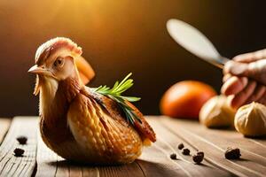 a chicken is sitting on a table with a knife. AI-Generated photo