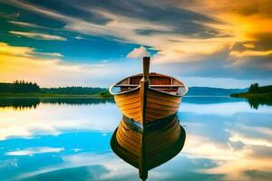 un barco es flotante en el calma agua. generado por ai foto