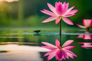 pink lotus flower in the water with a green leaf. AI-Generated photo