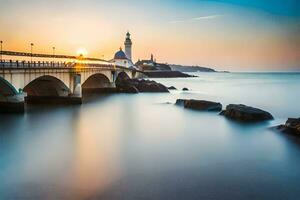 un puente terminado el Oceano a puesta de sol. generado por ai foto