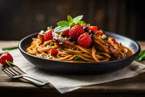 spaghetti with chicken and berries in a bowl. AI-Generated photo