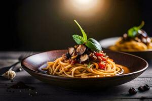 spaghetti with mushrooms and tomatoes in a bowl. AI-Generated photo