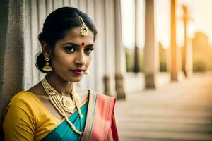 a beautiful woman in a colorful sari. AI-Generated photo