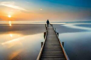 un hombre en pie en un de madera muelle a puesta de sol. generado por ai foto