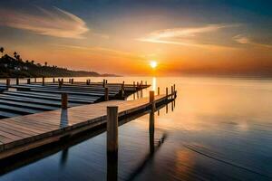 a pier at sunset with a wooden dock. AI-Generated photo
