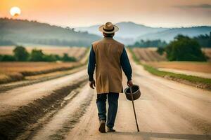 un hombre en un sombrero y Saco caminando abajo un suciedad la carretera. generado por ai foto